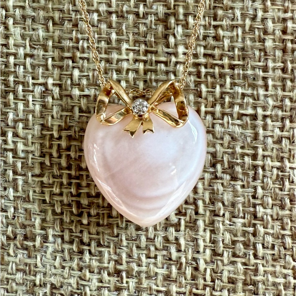 Pink Quartz Heart Necklace with 14k Gold Bow and Chain